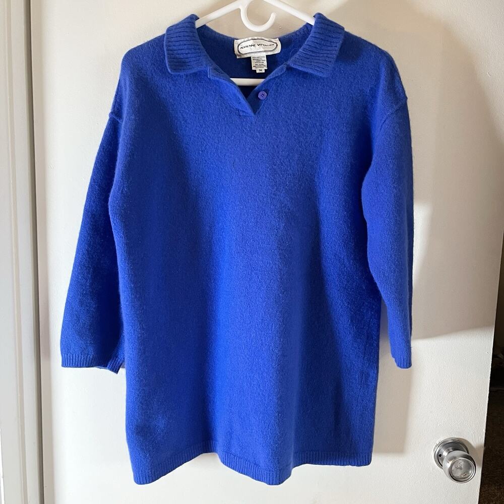 VTG Adrienne Vittadini Sweater Size M Blue Wool Blend Collared neck 3/4 Sleeves